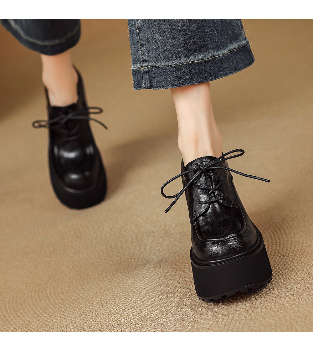 Giày lười nữ da cừu thắt dây gót cao 12cm đế xuồng — màu đen, màu nâu