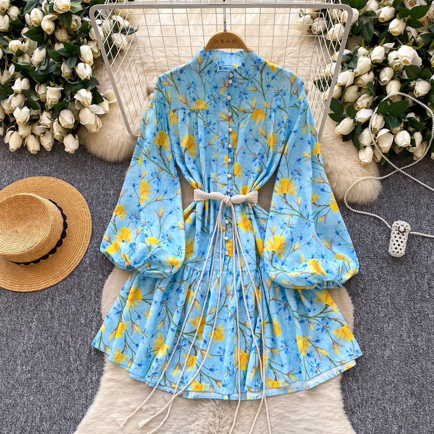 Vintage French Style Blue Floral Long Sleeve Dress Stand Collar Tie Waist Slim Fit A Line Elegant for Spring and