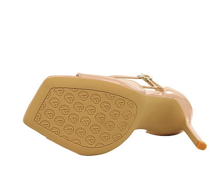 Sandal cao gót nữ mũi vuông quai ngang một chữ, da bóng, phong cách thanh lịch dự tiệc — màu đen, Màu nude