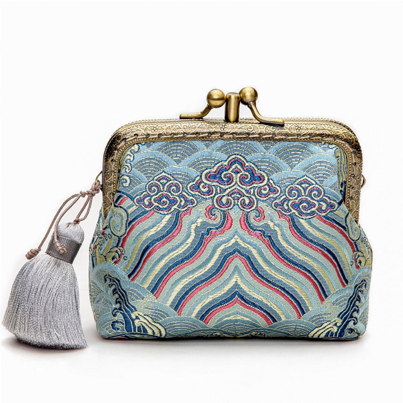 Holiday Gift Retro Chinese Style Women's Silk Brocade Forged Double-Layer Tassel Coin Purse Coin Bag Storage Bag