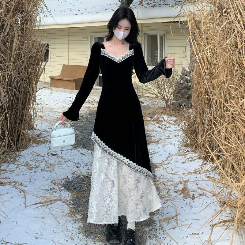 white christmas dresses Cora Contrast Lace Flounce Sleeve Velvet Dress-Black, Black / S main image 1