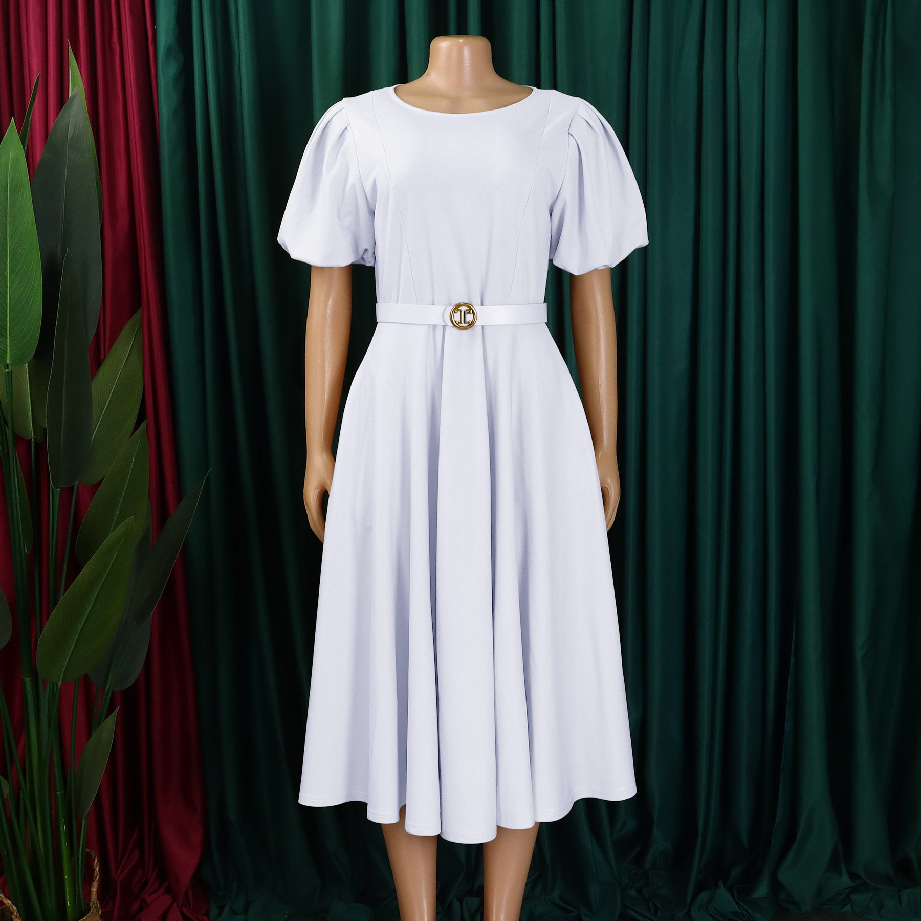 Plus Size Womens Dress Fashionable Puff Sleeve High Waist Flared Skirt Summer Occasion Wholesale Available