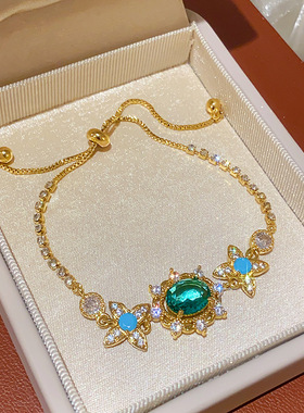 真金电镀蓝色椭圆形花朵锆石项链轻奢小众锁骨链时尚百搭项饰饰品