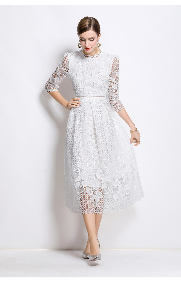 Elegant Mid Length Dress Slimming Hollow Water Soluble Lace Perfect for Formal Events Ready to Ship