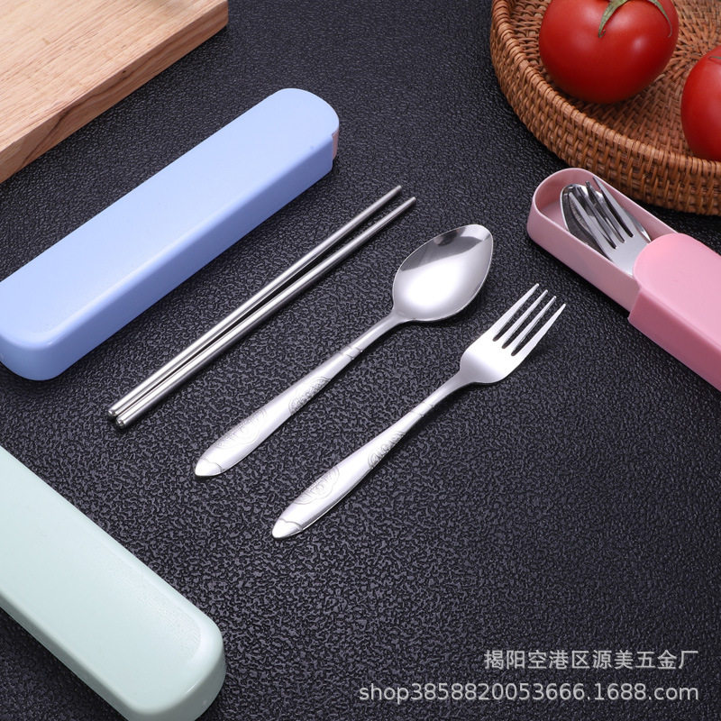 Portable Gift Box Chopsticks, Fork and Spoon Three-Piece Set Stainless Steel Cutlery Set Gift Box Spoon Set Logo