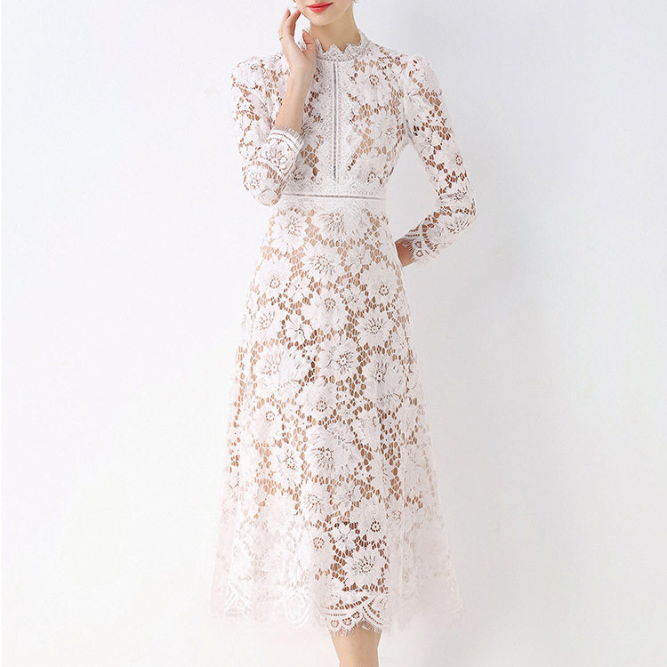 French Elegant A Line Dress Round Neck Hollow Lace Waist Defining Slim Fit Autumn Fashion for Special Occasions