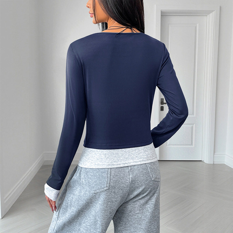 Casual Color Block Long Sleeve Top for Women Slim Fit Round Neck Comfortable Fabric Perfect for Everyday Wear OEM