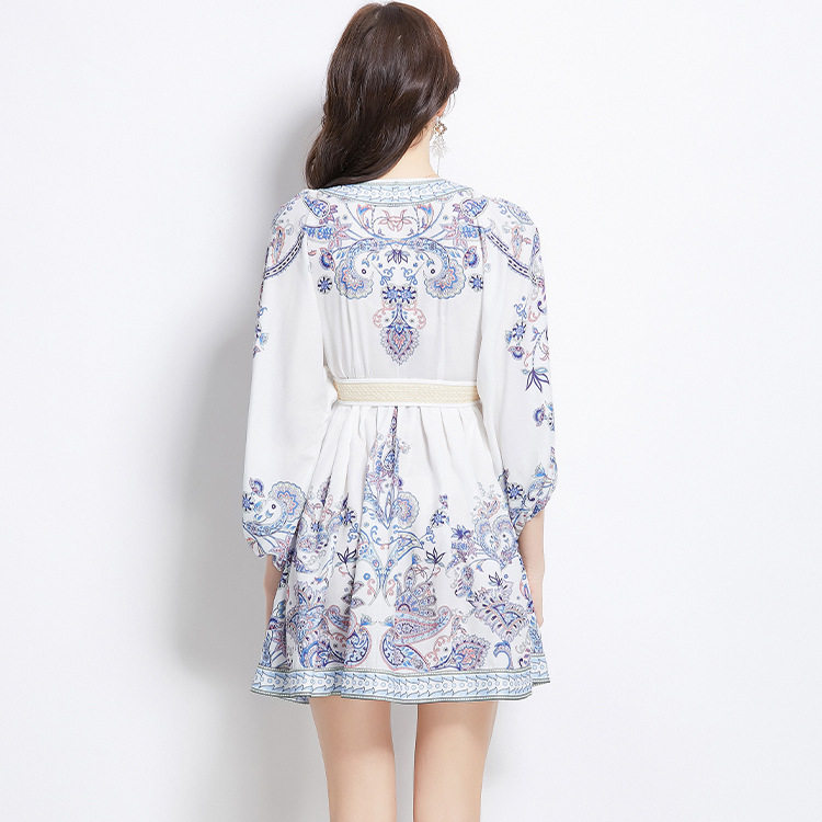 Vintage A Line Dress for Women V Neck Lantern Sleeves Waist Defined Floral Print Elegant Cocktail or Party Wear