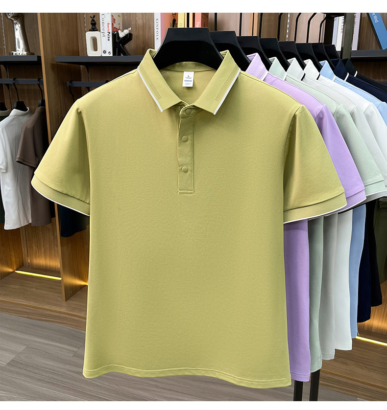 Áo polo nam Leishibert pha cotton lụa tơ tằm, tay ngắn co giãn thoáng mát mùa hè — Xanh biển, Xanh đậu nhạt, Vàng mạch nha, Đen bóng tối
