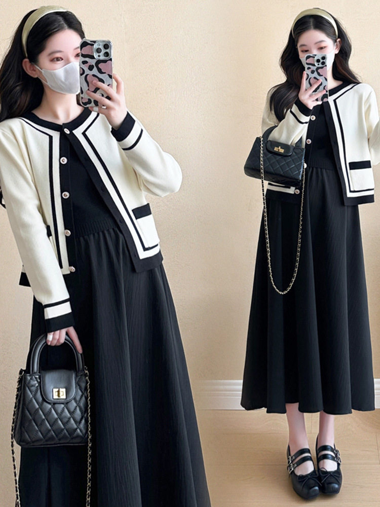 Maternity Wear 2025 Autumn New Korean Style Fashionable Long-Sleeved Color-Blocked Tops and Jackets Slim Vest Dress Two-Piece Set