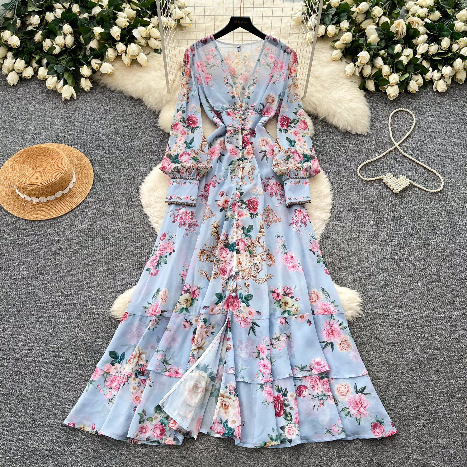 Floral Print Long Sleeve A Line Dress French Vacation Style Bell Sleeves Waist Tie Elegant Design Perfect for