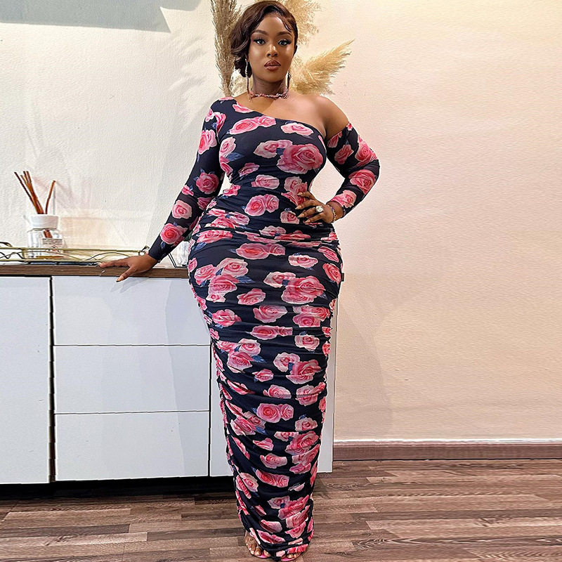 Asymmetrical Shoulder Long Sleeve Bodycon Dress Fashionable Floral Print Ruched Design Mid Length Ideal for Parties
