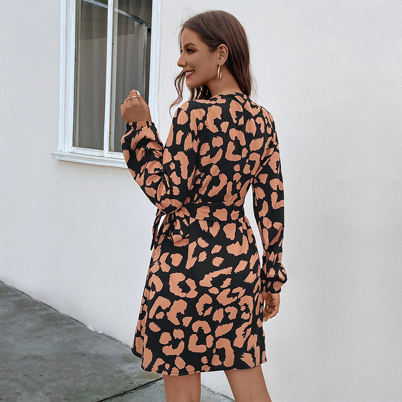 Animal Print V Neck Mini Dress Womens Autumn Fashion Trendy Short Sleeve Wholesale Available OEM ODM service