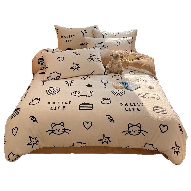 Ins Cartoon Printed Milk Velvet Four-Piece Set Class a Small Fresh Lace Quilt Cover Dormitory Three-Piece Bed Bed Sheets Set
