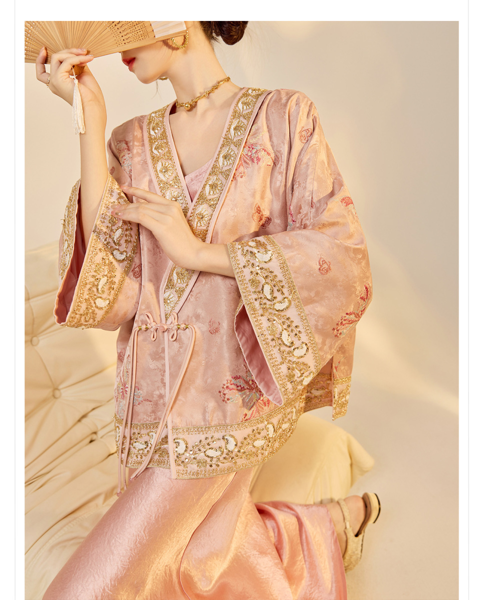 Áo khoác nữ dáng rộng thêu sequin họa tiết hoa cổ chữ V — Màu hồng