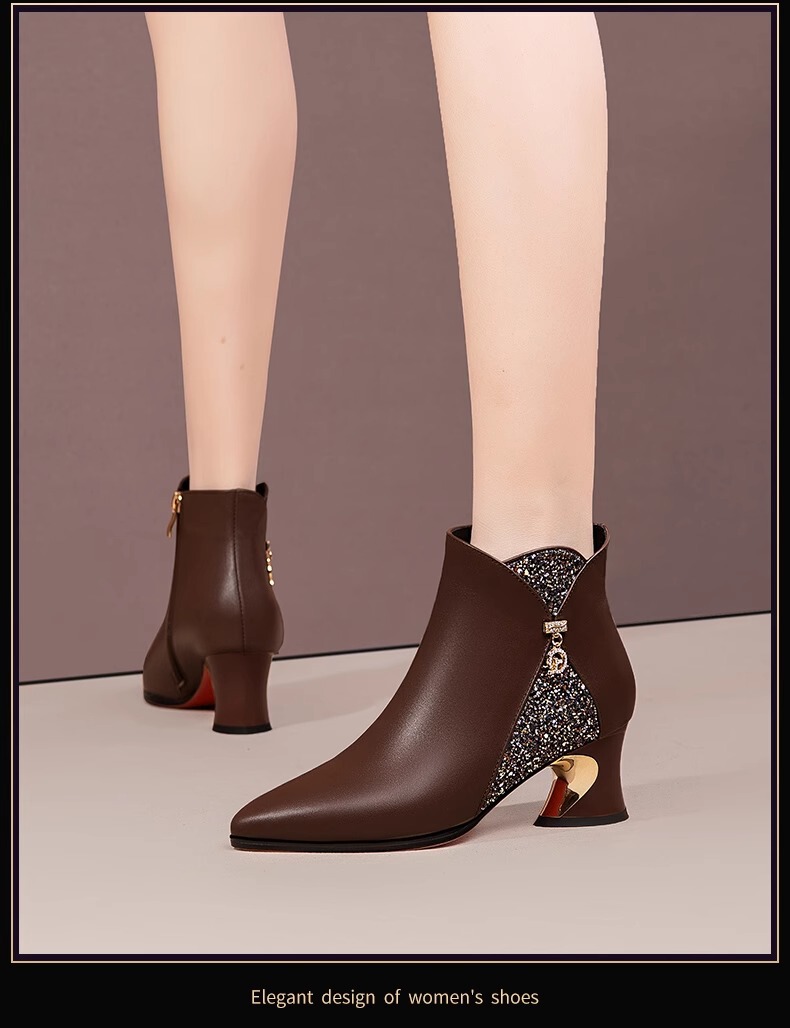Boot nữ cổ thấp gót thô mũi nhọn phối kim loại lấp lánh, lót lông giữ ấm — Màu đen, Màu nâu