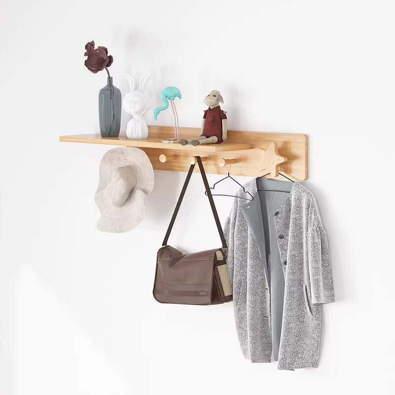 Solid wood hanger home clothes wall hanging hook punch-free wall hanger