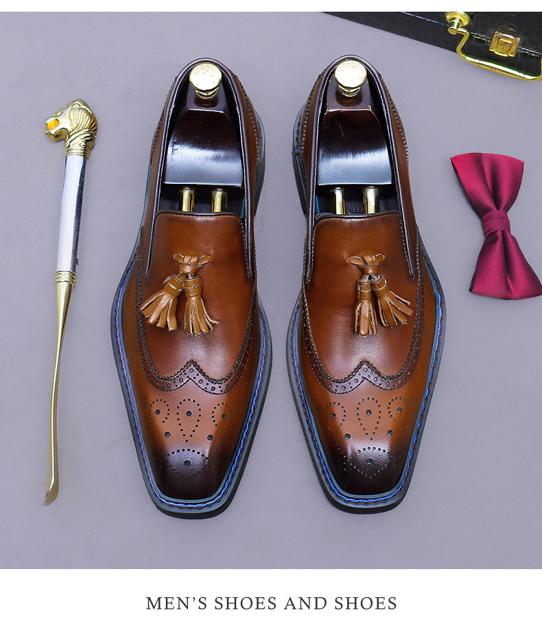 Giày da nam da bò thật chạm khắc brogue cổ thấp kiểu lười có tua rua — Màu nâu (cạnh xanh), Màu nâu (viền đen), đen (cạnh xanh), đen (viền đen)