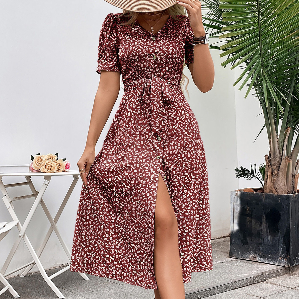 Floral Knot Dress Elegant Casual Style Suitable for Commuting and Vacations Available for Wholesale