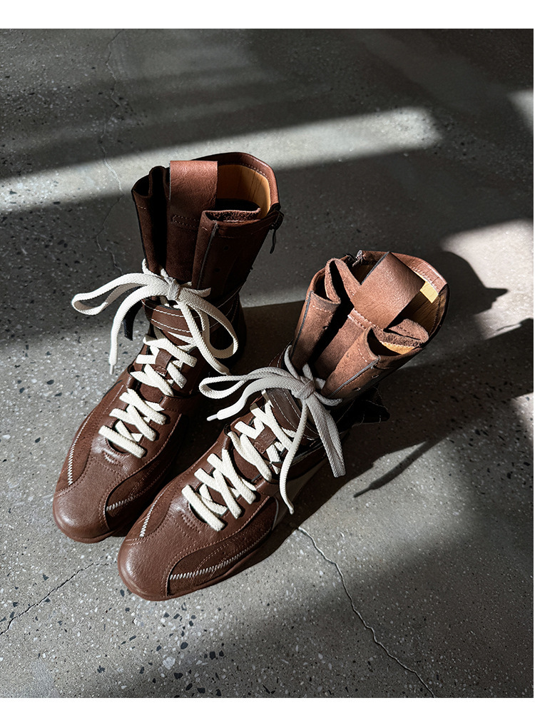 Boot nữ da bò lộn cổ thấp tăng chiều cao gót 3cm — Màu đen, Màu kaki, Màu nâu