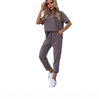 2025 European and American Cross-Border Aliexpress Export New Women's Pure Color Short-Sleeved Nine-Point Pants Casual 2-Piece Fashion Suit