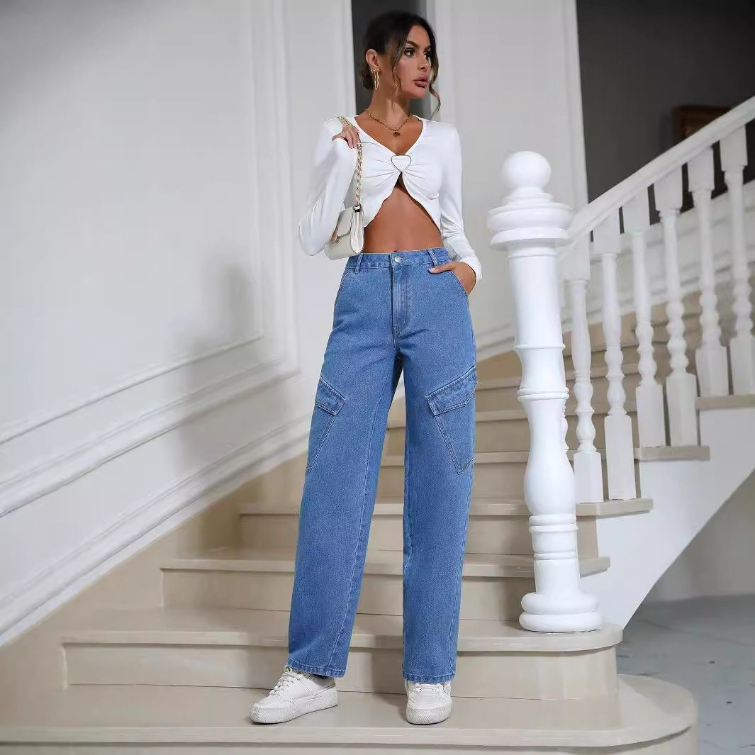 Womens Straight Leg Denim Jeans Trendy Street Style Pocket Design Casual Wear Wholesale Available