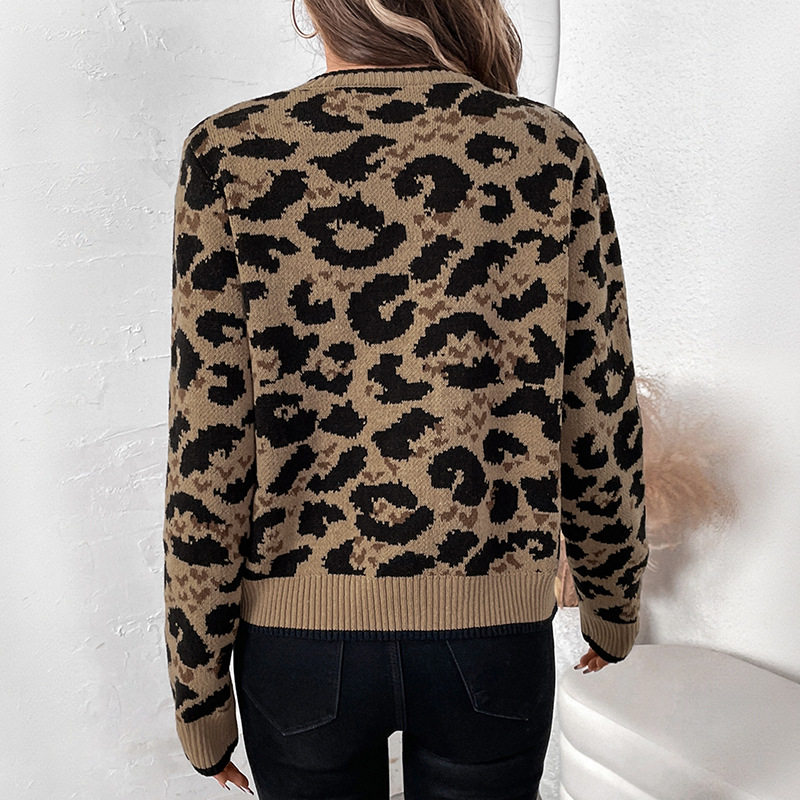 Womens Leopard Print Cardigan Sweater Round Neck Tie Closure Long Sleeve Casual Wear for Fall Winter Wholesale