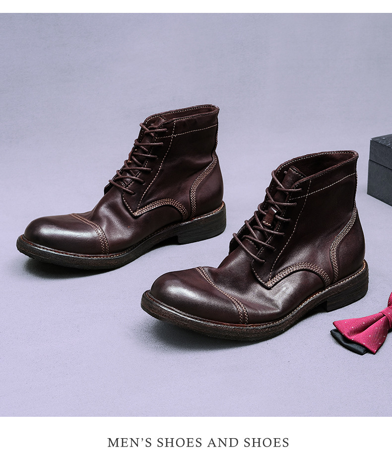 Giày boot nam da ngựa cổ cao mũi tròn đế khâu Goodyear thủ công — Màu đen, Màu cà phê