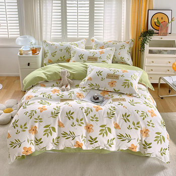 Small fresh printing four-piece padded sanding cotton quilt cover student dormitory three-piece bed sheet kit wholesale