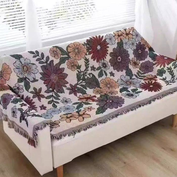 New Multifunctional Line Blanket, Sofa Towel, Double-Sided Sofa Blanket, Backrest, Bay Window Blanket, Cushion, Universal for All Seasons, Flowers Bloom and Wealth