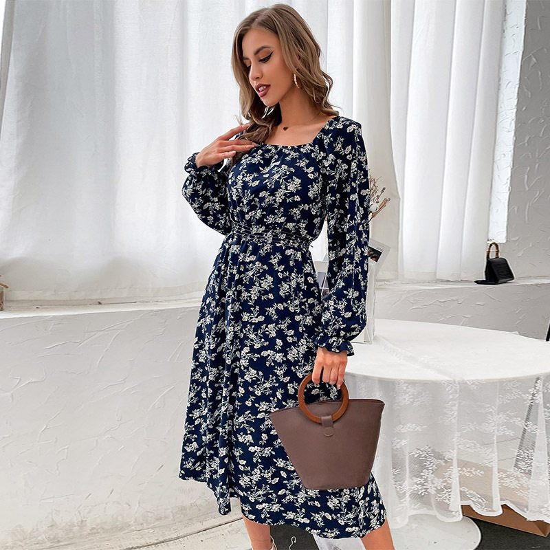 Blue Floral Off Shoulder Dress Long Sleeve Stylish Autumn Fashion Wholesale Available private label