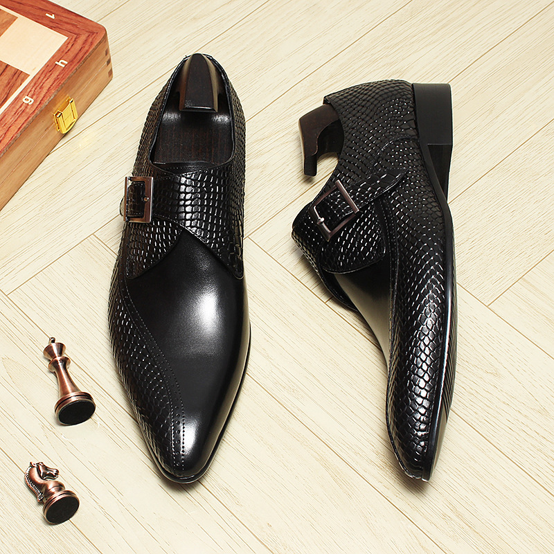 Giày da nam mũi nhọn khóa cài kiểu monk strap thanh lịch — Màu đen, Màu nâu đỏ