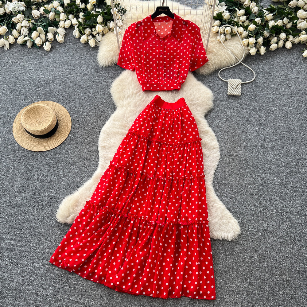 French Style Red Polka Dot Two Piece Set High Waist Slim Fit Elegant Design Spring and Autumn Office Wear Wholesale