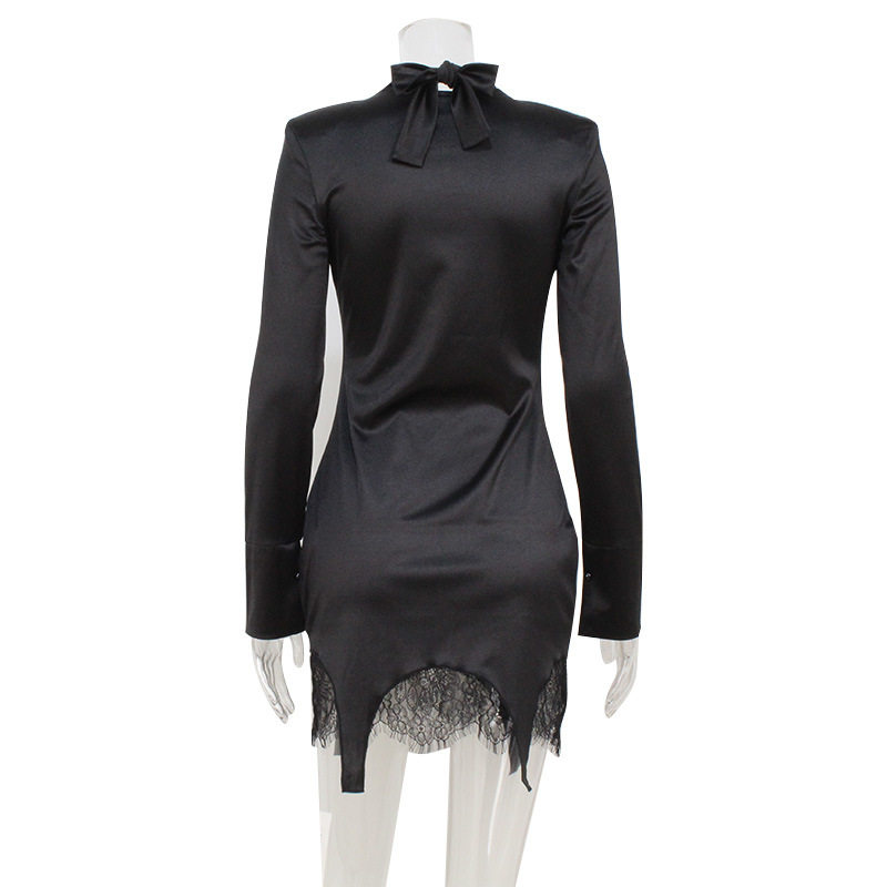 Elegant Long Sleeve Dress Satin Lace Panel Slim Fit Solid Color Perfect for Formal Events Wholesale Available