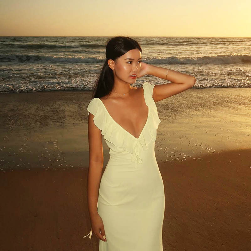 YJ24657P欧美跨境性感荷叶边系带修身连衣裙2025夏季新款礼服女装