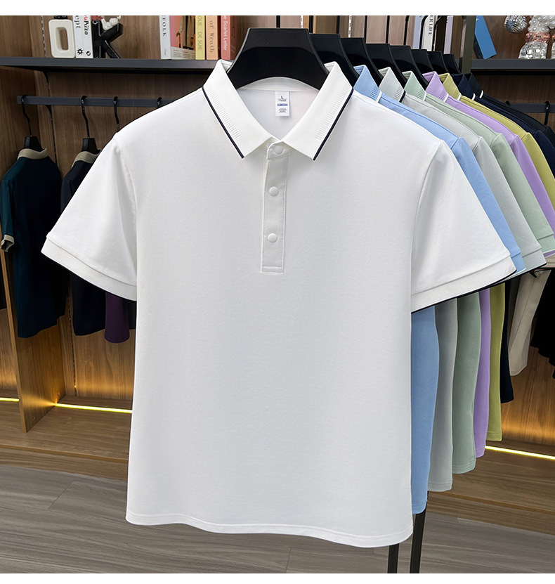 Áo polo nam Leishibert pha cotton lụa tơ tằm, tay ngắn co giãn thoáng mát mùa hè — Xanh biển, Xanh đậu nhạt, Vàng mạch nha, Đen bóng tối