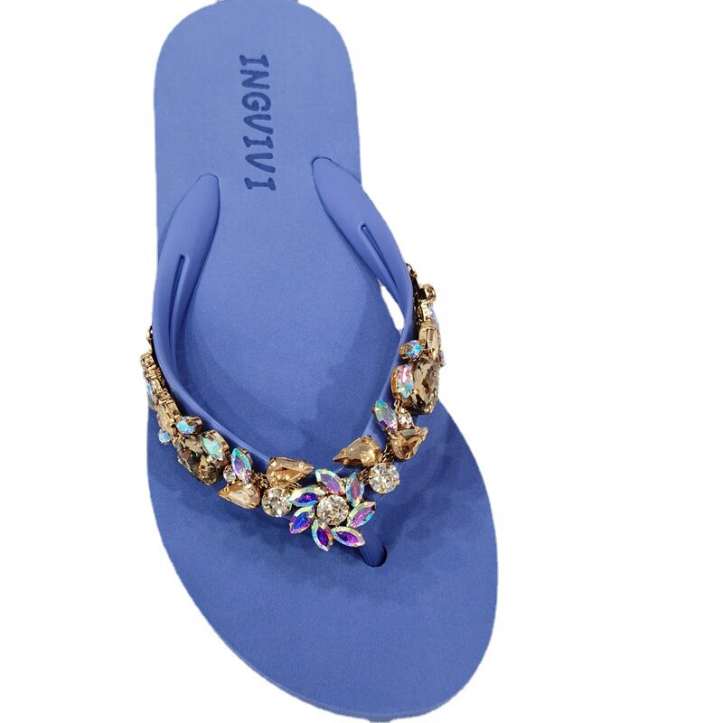 New Rhinestone Flip-Flops Women's Summer Flat Sandals and Slippers Rhinestone Chain Beach Slippers Wedge Heel Outer Wear Clip Slippers