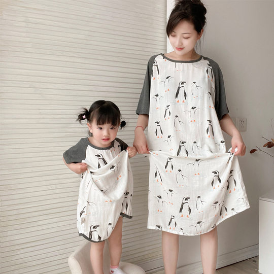 新品竹棉纱布短袖亲子装睡裙 宝宝居家服儿童睡衣 女童家居服夏季