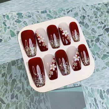 High-end white bridal wedding fake nails mid-length patch handmade wear nail wear mid-length