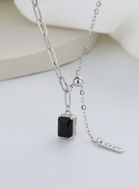 超酷黑色方牌项个性冷淡风黑钻流苏拼接可颈链锁骨链饰品项链女