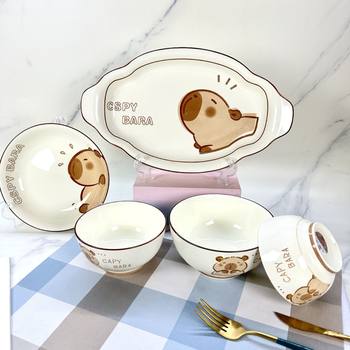 New Kapibala Cute Ceramic Tableware Set Household Plates and Dishes Underglaze Color Cartoon Salad Bowl Two Yuan Store