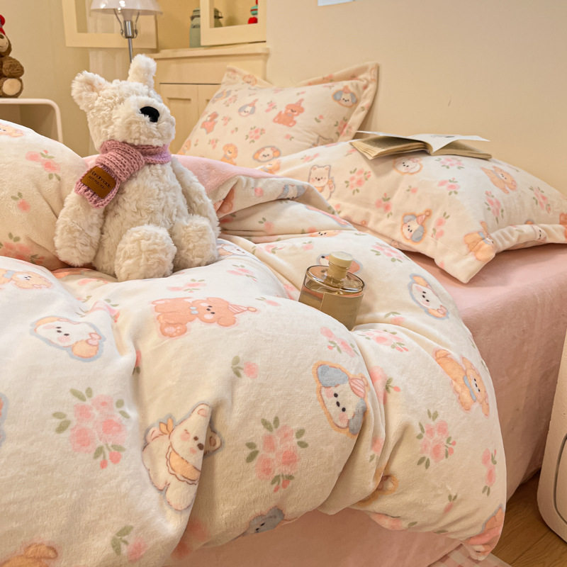 Autumn and Winter Milk Velvet Four-Piece Set Single-Piece Thickeneded Double-Sided Coral Velvet Quilt Cover Flannel Bed Sheetss and Fitted Bed Sheetss Three-Piece Set