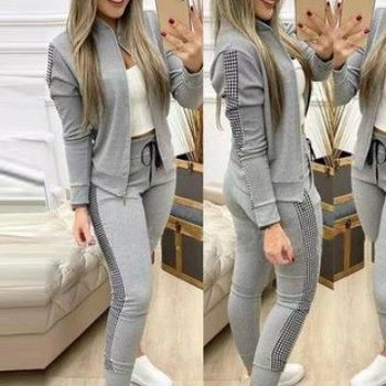 2024 cross-border Amazon AliExpress autumn and winter New long sports casual zipper stitching plaid suit women's clothing