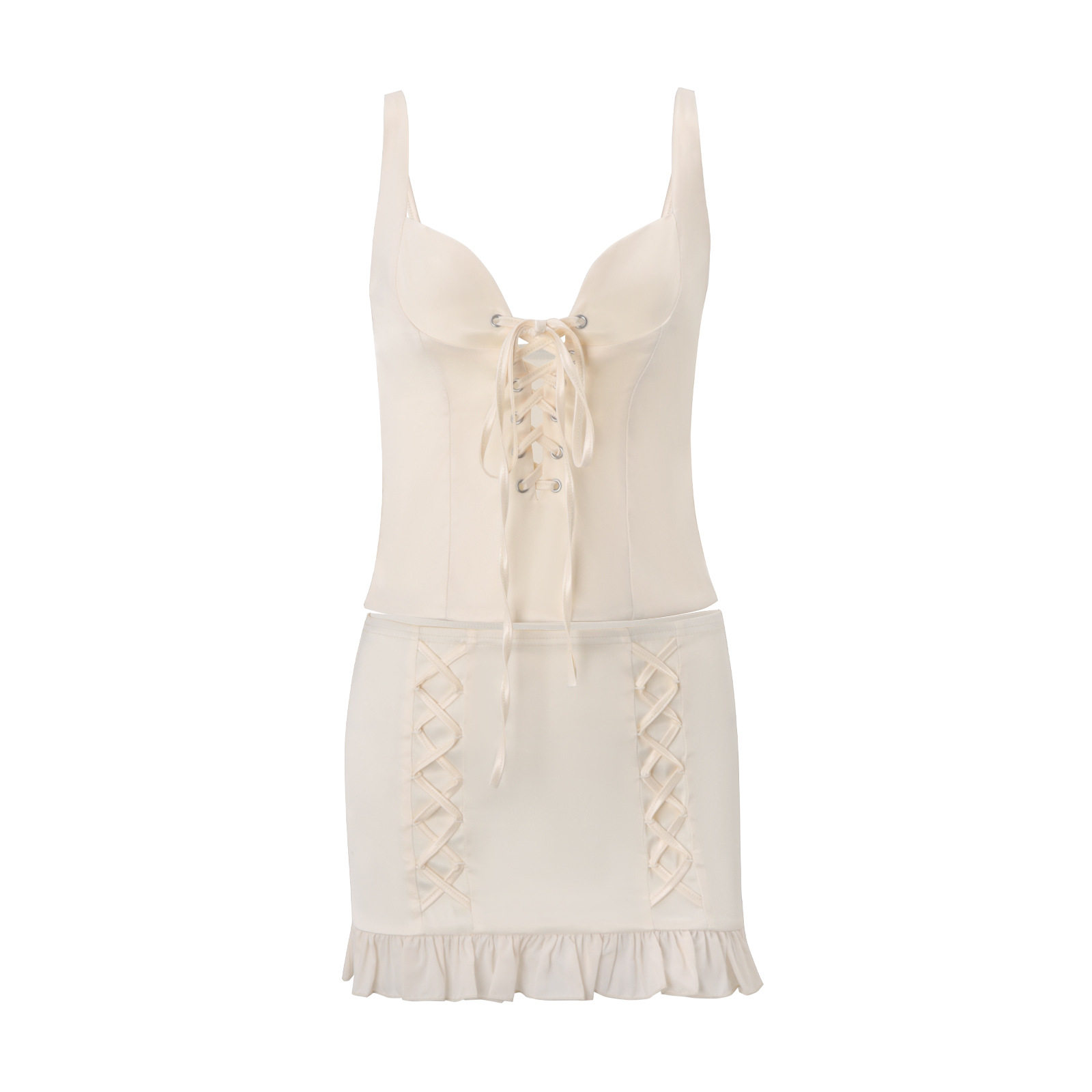 French Style Womens Summer Set Bustier Top with Tie Straps Fitted Waist and Bodycon Skirt Casual Chic Outfit