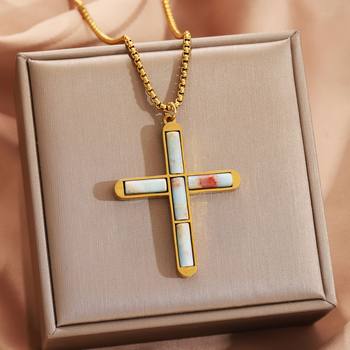 European and American Cross-Border Shoushan Stone Tiger Eye Stone Cross Pendant Stainless Steel Square Chain Necklace Men's and Women's Jewelry Wholesale