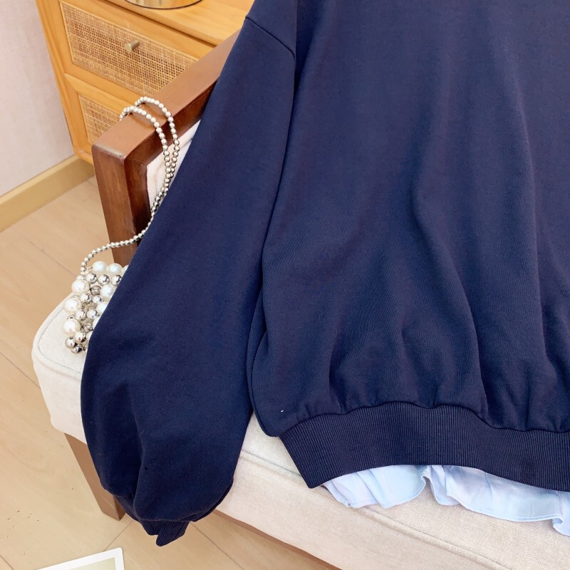Bộ đôi áo hoodie cổ tròn vai trễ phối quần ống rộng màu trơn phong cách tối giản — Quần màu xanh navy, Áo màu xanh navy