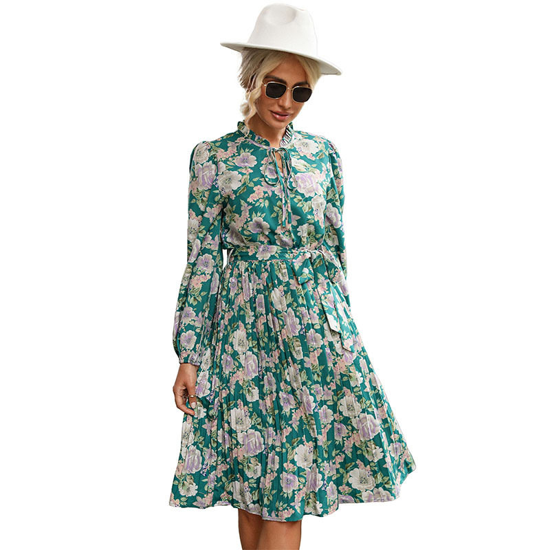 Vintage Floral Print Long Sleeve Dress Ruffled Design Round Neck Elegant Style Perfect for Casual or Formal Occasions