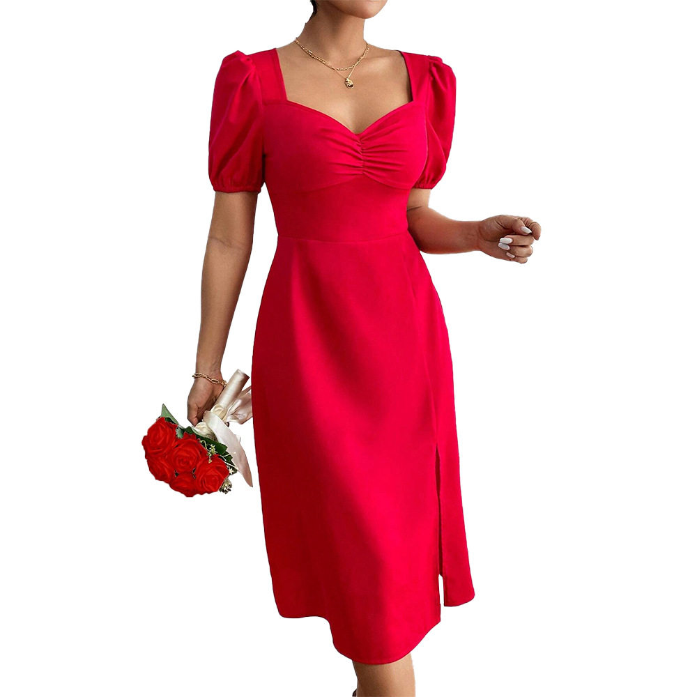 Red A Line Dress with Square Neck Ruffled Bust and Puff Sleeves Trendy for Parties and Events Wholesale Available