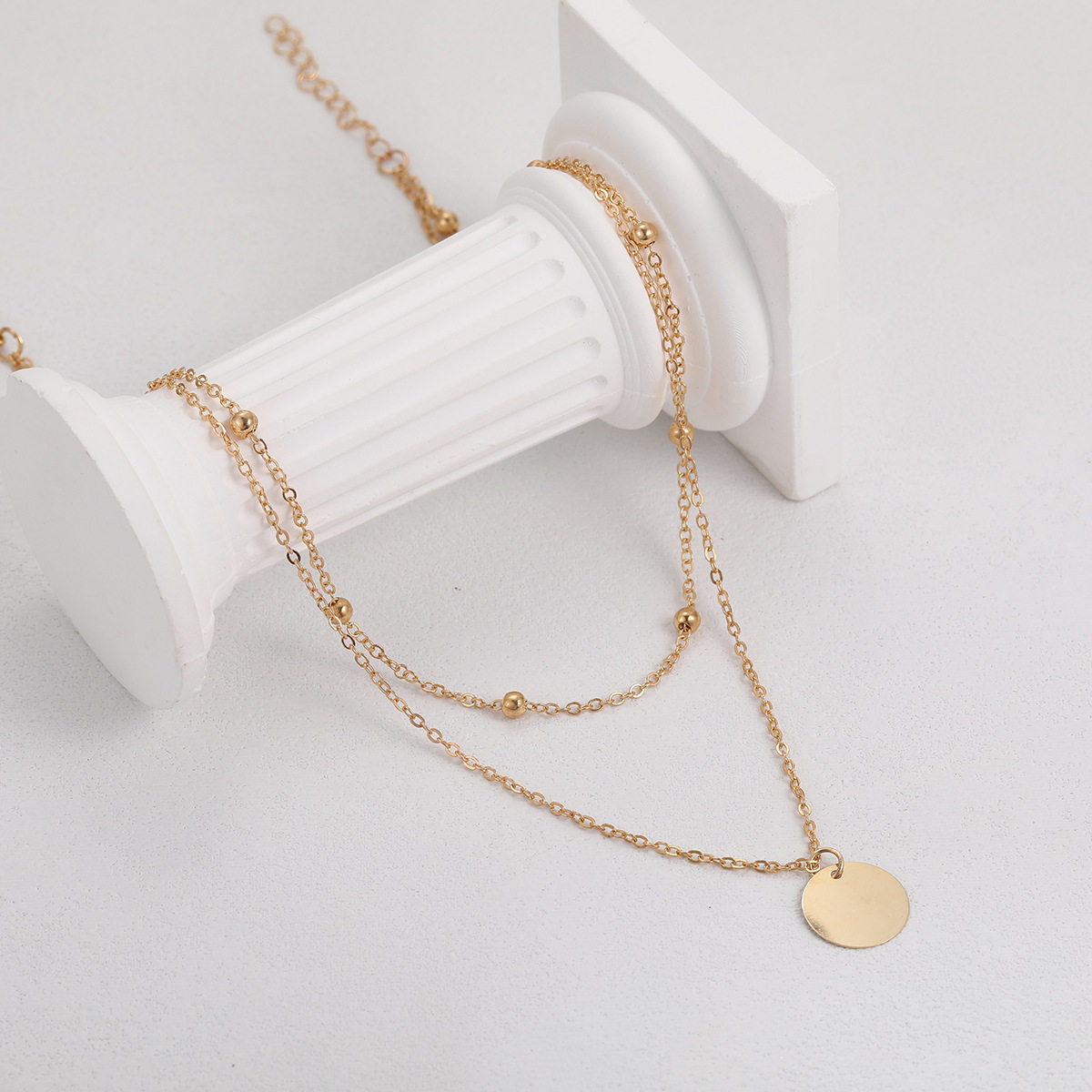 Cross-border Retro Simple Style Double-layer Round Necklace Clavicle Chain Alloy Bead Chain Disc Pendant Necklace Collar for Women