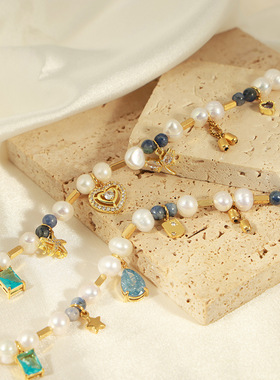 Timothee欧美天然石手工串珠饰品轻奢复古钛钢镀金淡水珍珠项链